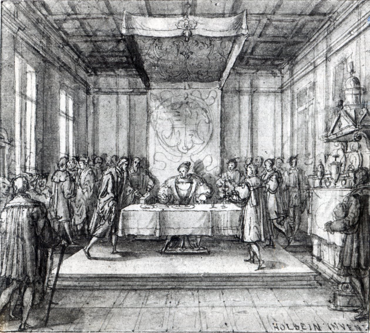 Henryk VIII w swojej komnacie prywatnej (pióro, tusz i wash na papierze) autorstwa Hans Holbein der Jüngere
