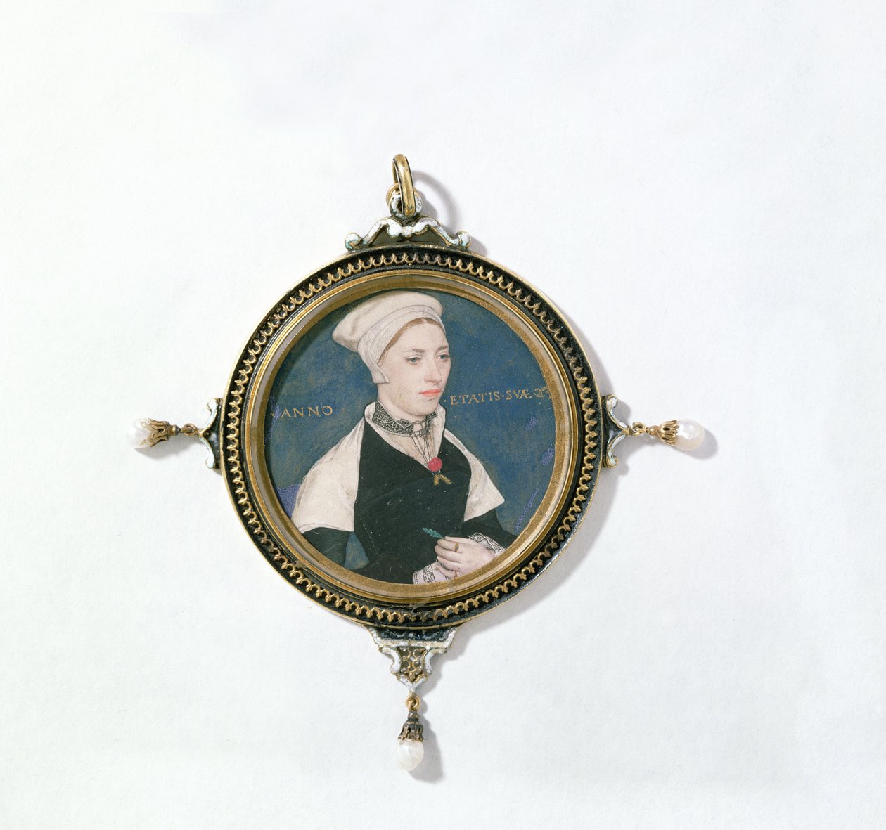 Jane Small, dawniej znana jako Mrs. Robert Pemberton, ok. 1540 (toaleta na welinie zamontowana na karcie do gry) (detal z 14732) autorstwa Hans Holbein der Jüngere