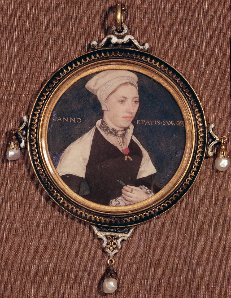 Miniaturowy portret Jane Small, dawniej pani Robert Pemberton, ok. 1540 (wc na welinie osadzony na karcie do gry) autorstwa Hans Holbein der Jüngere