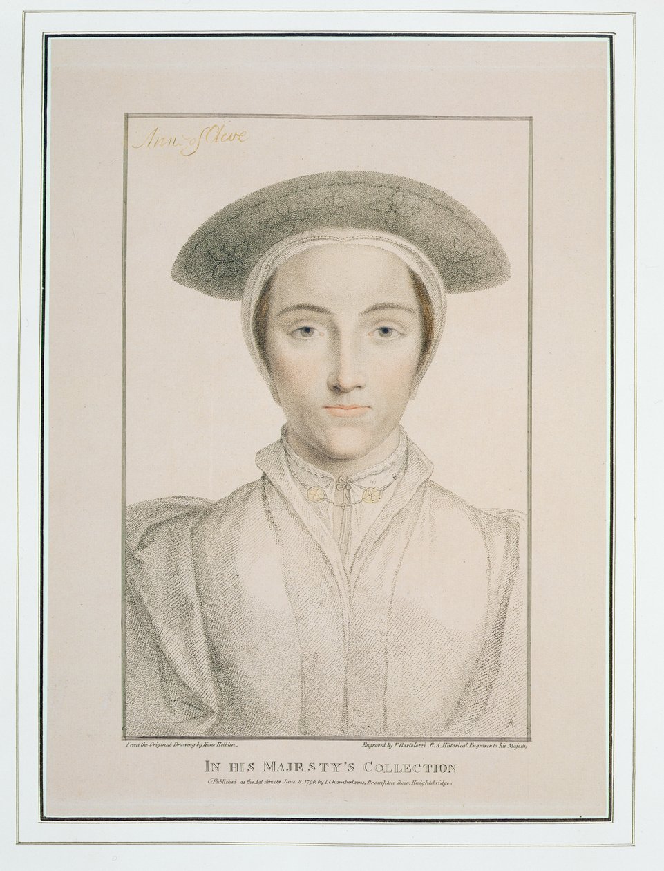 Portret królowej Anny z Kleve (1515-57) rytowany przez Francesco Bartolozziego (1727-1815) opublikowany 1796 autorstwa Hans Holbein der Jüngere