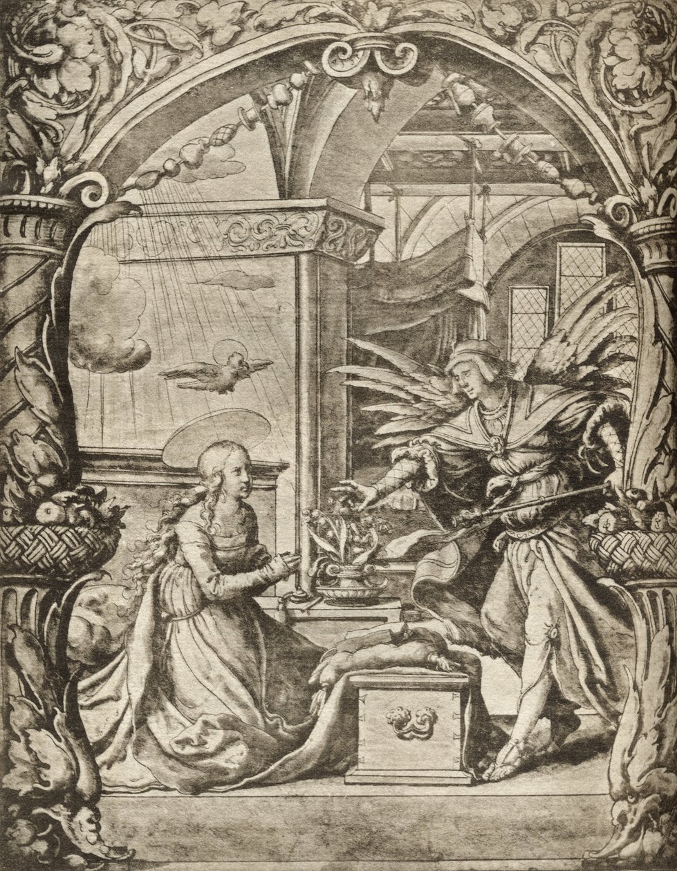 Zwiastowanie, z „Katalogu zbioru rycin, sztychów i drzeworytów” Richarda Fishera, opublikowanego w 1879 r. (lito) autorstwa Hans Holbein der Jüngere