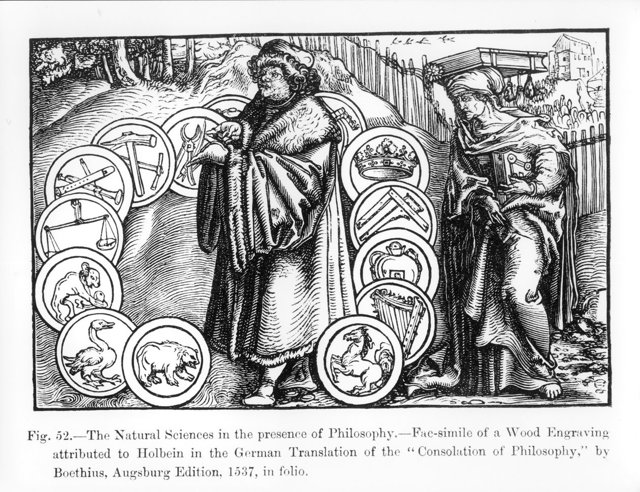 The Natural Sciences in the Presence of Philosophy, z niemieckiego wydania "Consolation of Philosophy" Boethiusa z 1537 r., ilustracja z "Science and Literature in the Middle Ages and Renais". autorstwa Hans Holbein der Jüngere