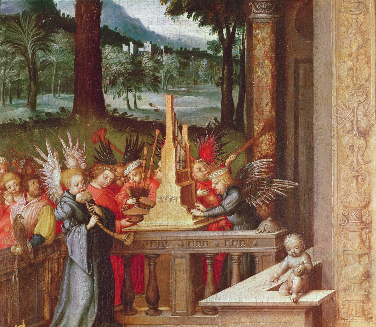 Dziewica, Dzieciątko i święci detal aniołów grających na organach, 1519 olej na dębie autorstwa Hans Holbein the Elder