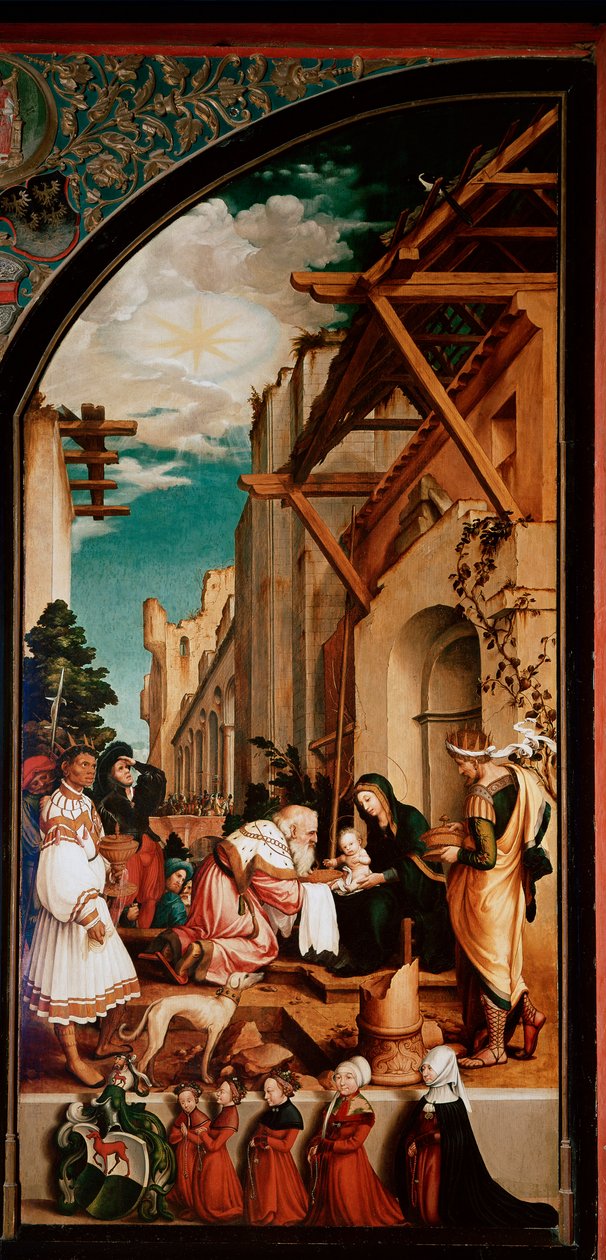 Ołtarz Oberried: „Adoracja Trzech Króli”” Detrempe na drewnie Hansa Holbeina Młodego (1497/8-1543) 1521-1522 nd. 231x109 cm Cathedrale de Fribourg, Szwajcaria autorstwa Hans Holbein der Jüngere