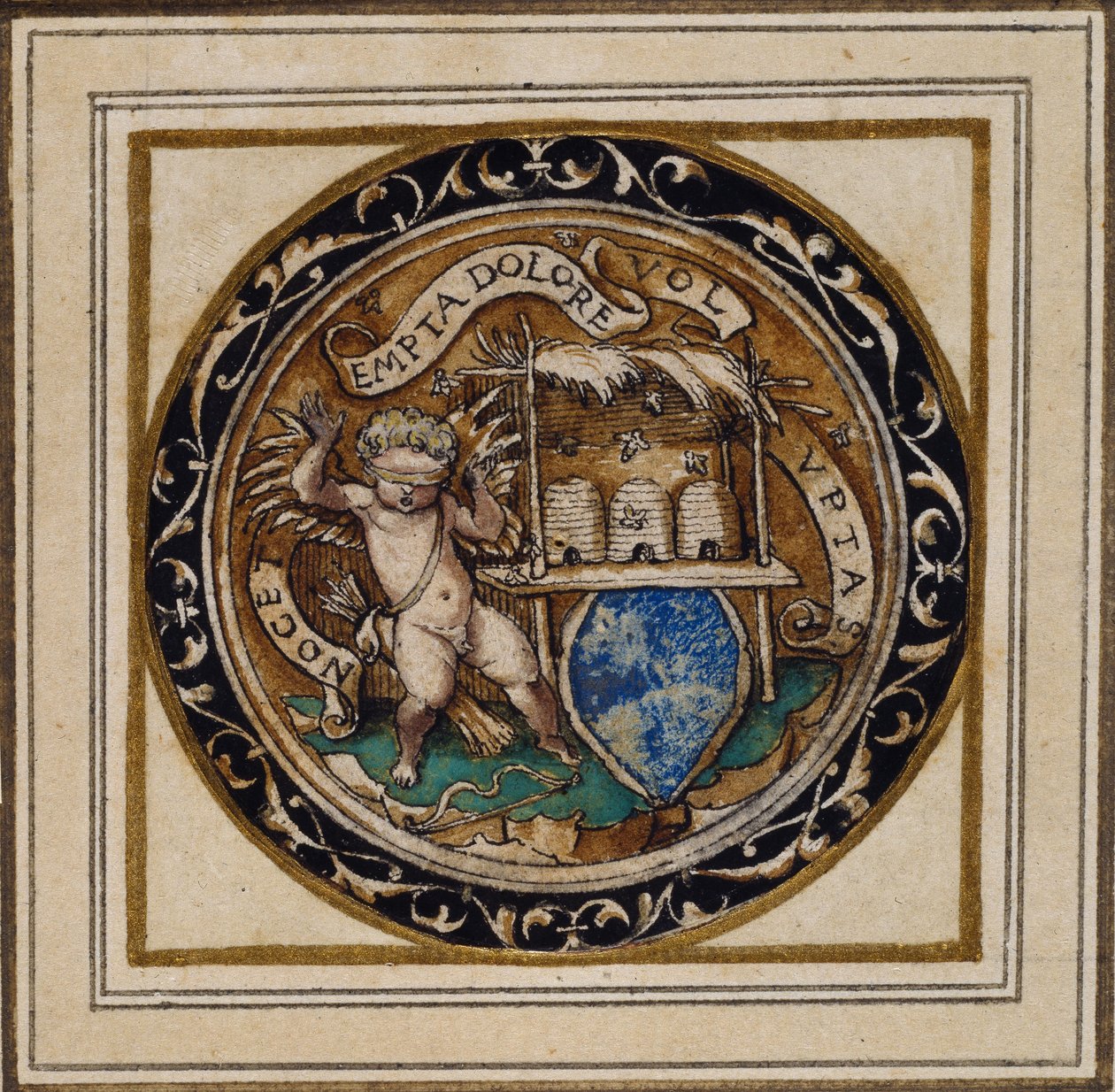 Kupidyn ukąszony przez pszczoły - Projekt wisiorka lub odznaki na kapelusz, ok. 1532-43 (pióro i atrament na papierze) autorstwa Hans Holbein der Jüngere