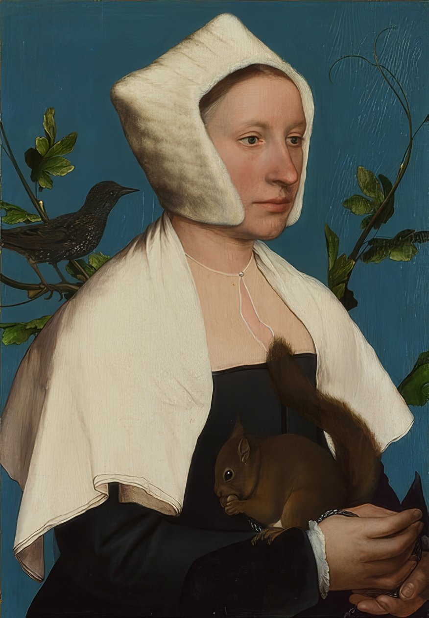 Dama z wiewiórką i szpakiem (Anne Lovell?). Około 1526-28 r. autorstwa Hans Holbein der Jüngere