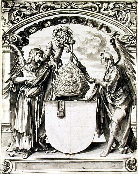 Projekt do malowania na szkle, ok. 1520 (pióro i szare lawowanie czarną kredą na papierze) autorstwa Hans Holbein der Jüngere