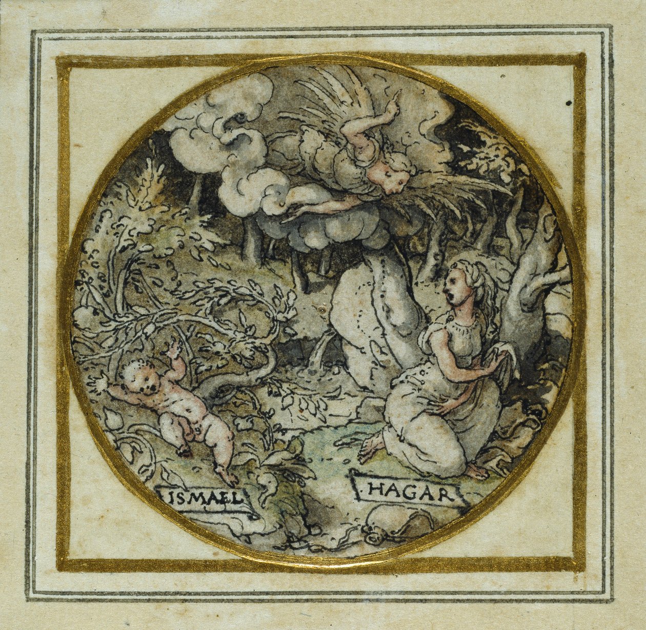 Hagar i Izmael - Projekt wisiorka lub odznaki na kapelusz, ok. 1532-43 (pióro i atrament na papierze) autorstwa Hans Holbein der Jüngere