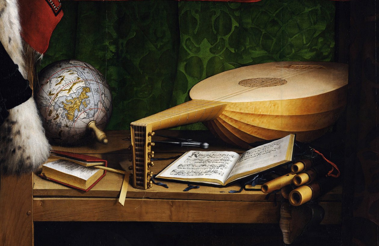 Ambasadorowie (Jean de Dinteville (1504-1555 lub 1557) i Georges de Selve (1506-1541) (Ambasadorowie (Jean de Dinteville i Georges de Selve) Szczegóły instrumentów na dolnej półce: globus ziemski, arytmetyka książkowa , lutnia z co autorstwa Hans Holbein der Jüngere