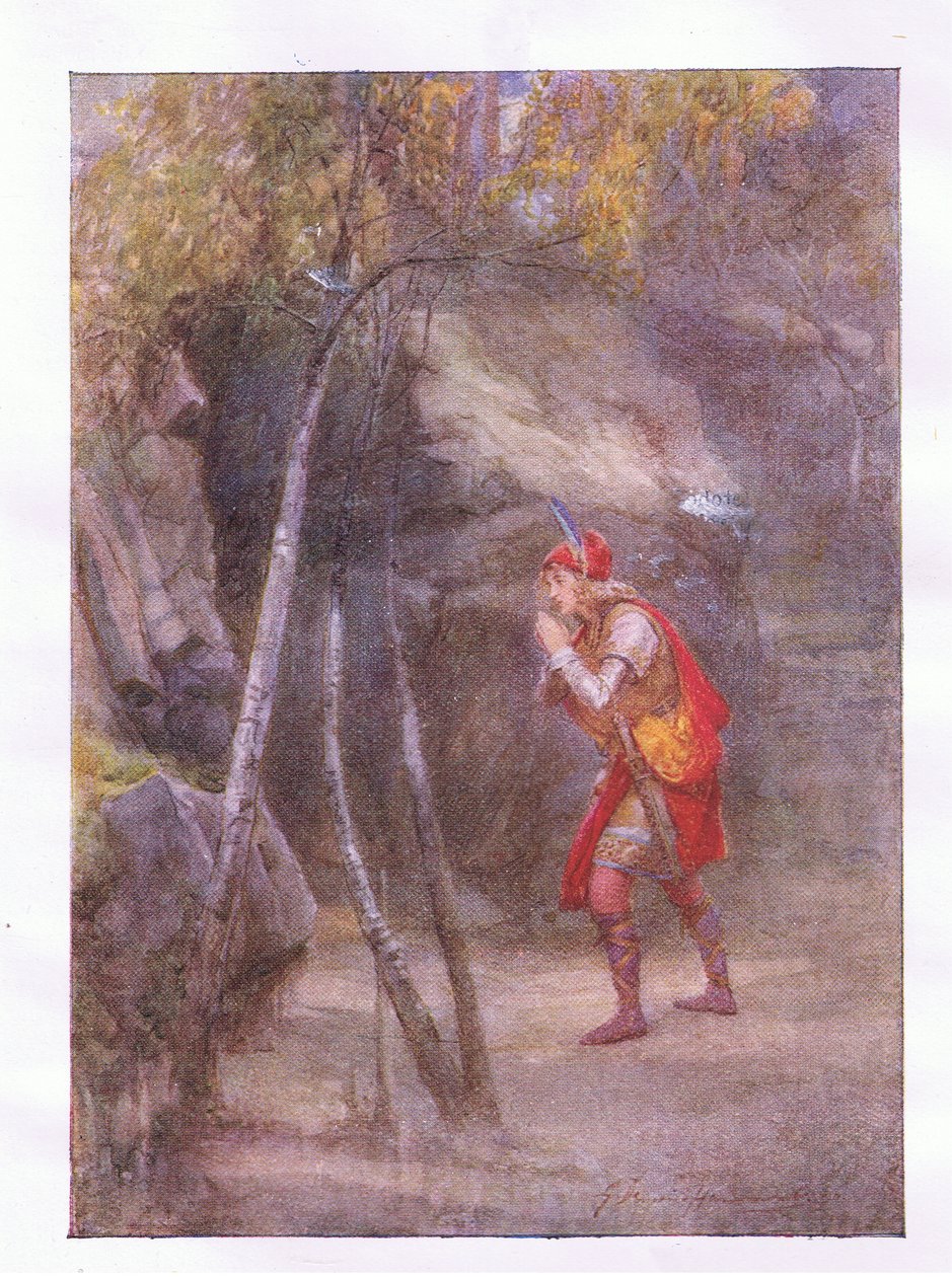 Nie! kto tu jest? Jeśli cokolwiek to mówi cywilne (Cymbeline), z The Complete Works of Shakespeare opublikowanej przez George Harrap & Co Ltd, 1920 autorstwa Hans Holbein der Jüngere