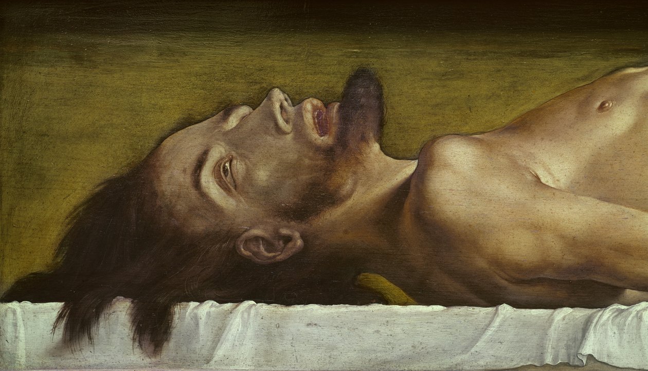 Ciało zmarłego Chrystusa, detal głowy, 1521 tempera na drewnie lipowym autorstwa Hans Holbein der Jüngere
