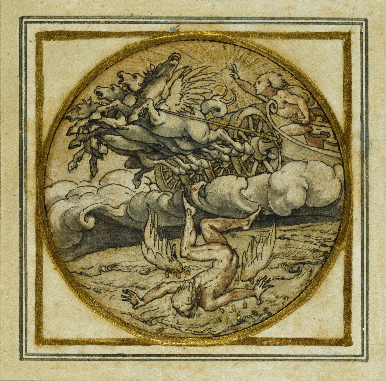 Upadek Ikara - projekt odznaki wisiorka lub kapelusza, ok. 1532-43 (pióro i atrament na papierze) autorstwa Hans Holbein der Jüngere