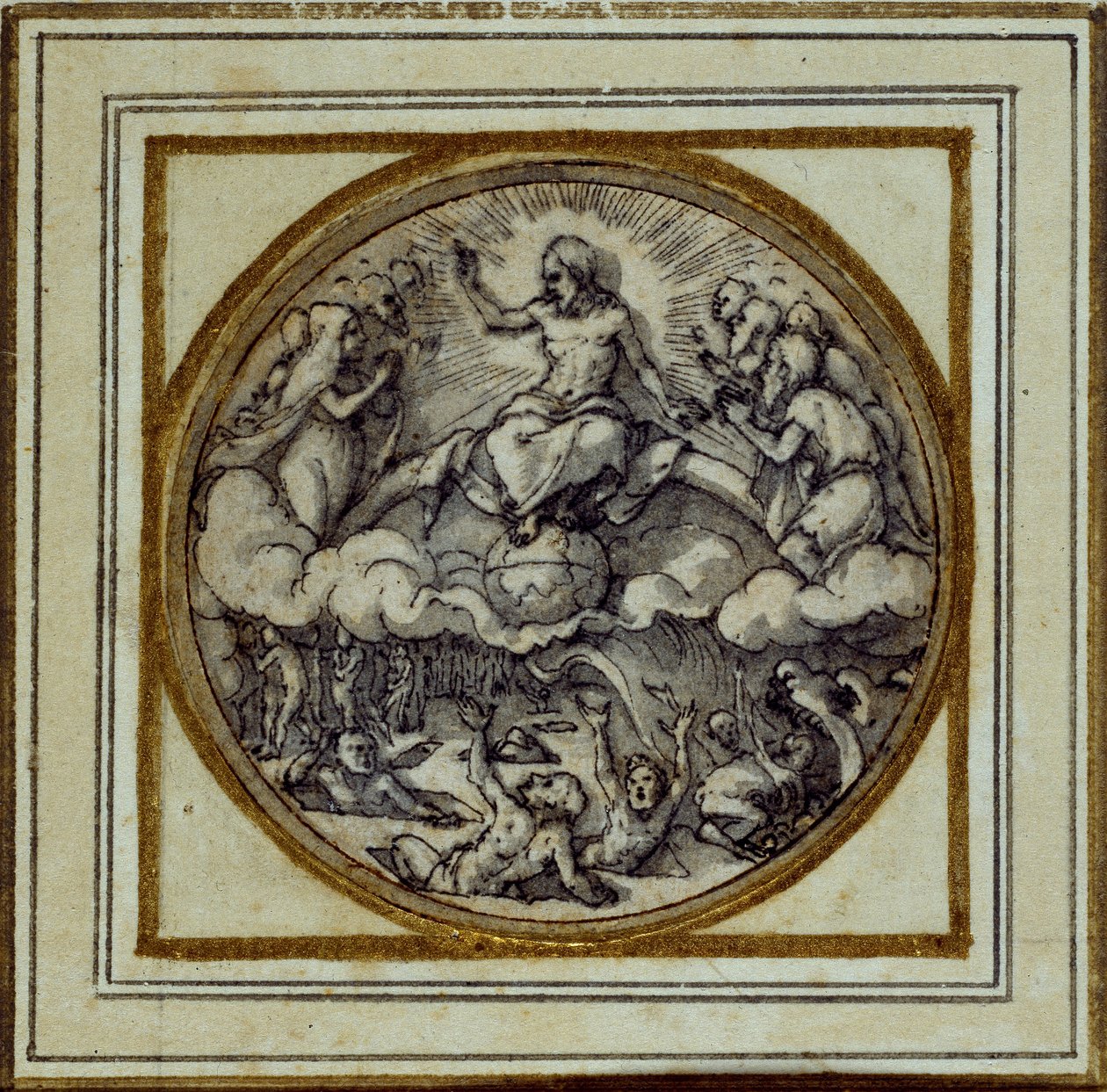 Sąd Ostateczny - projekt odznaki wisiorka lub kapelusza, ok. 1532-43 (pióro i atrament na papierze) autorstwa Hans Holbein der Jüngere