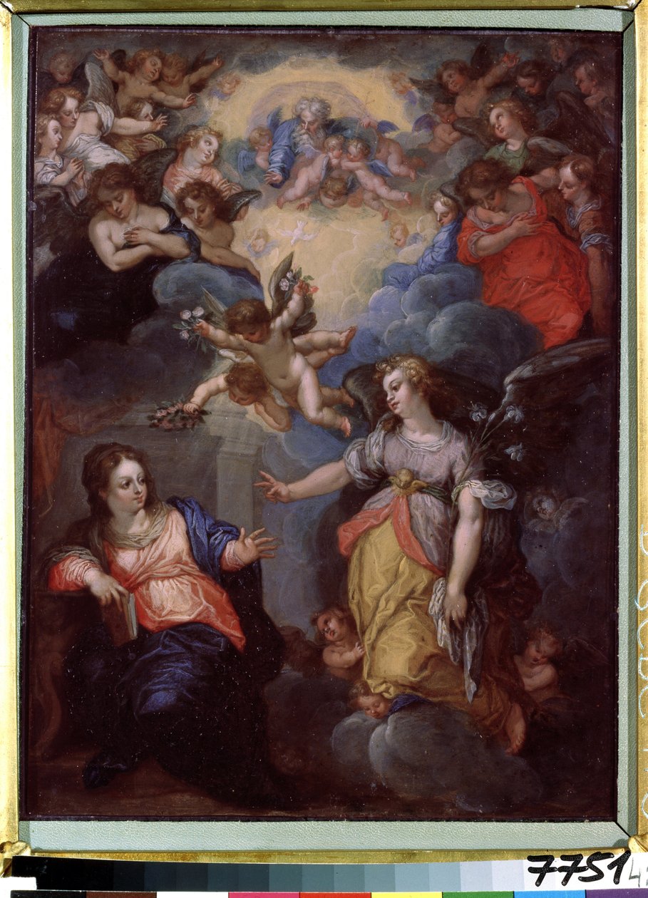 Zwiastowanie. Obraz Hansa Rottenhammera Groina (1564-1625). Olej na miedzi, 37 x 21 cm. Sztuka niemiecka, manieryzm. Państwowe Muzeum Sztuki Zagranicznej Republiki Łotewskiej, Ryga (Łotwa). autorstwa Hans I or Johann Rottenhammer