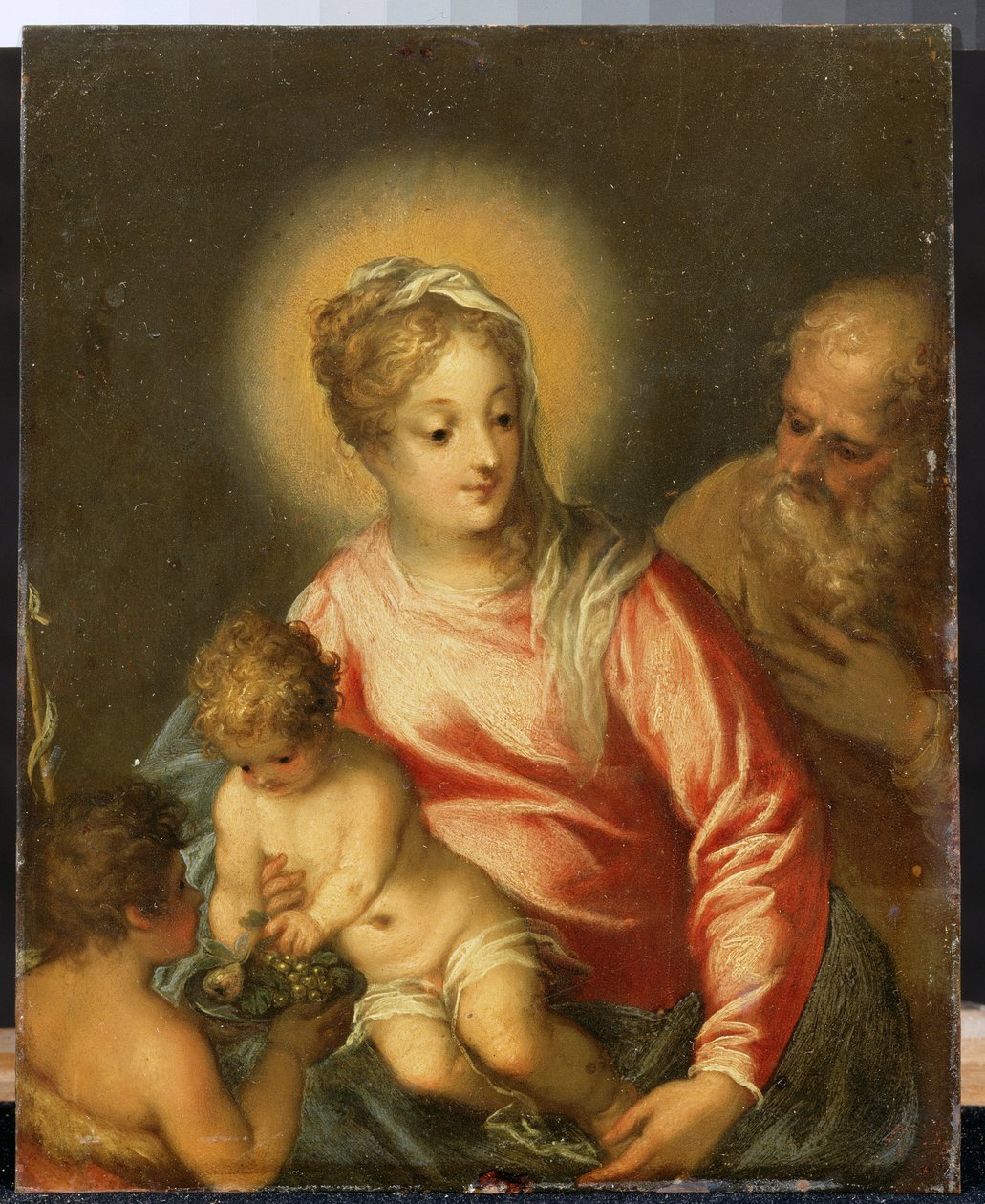 Święta Rodzina ze św. Janem Chrzcicielem. Obraz Hansa Rottenhammera Groina (1564-1625). Olej na miedzi, 27,5 x 35 cm, koniec XVI i początek XVII wieku. Sztuka niemiecka, styl barokowy. Muzeum Sztuk Pięknych Puszkina, Mos autorstwa Hans I or Johann Rottenhammer