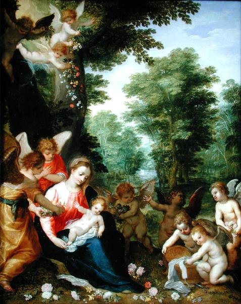 Madonna z Dzieciątkiem i Aniołami w krajobrazie (olej na miedzi) autorstwa Hans I or Johann Rottenhammer