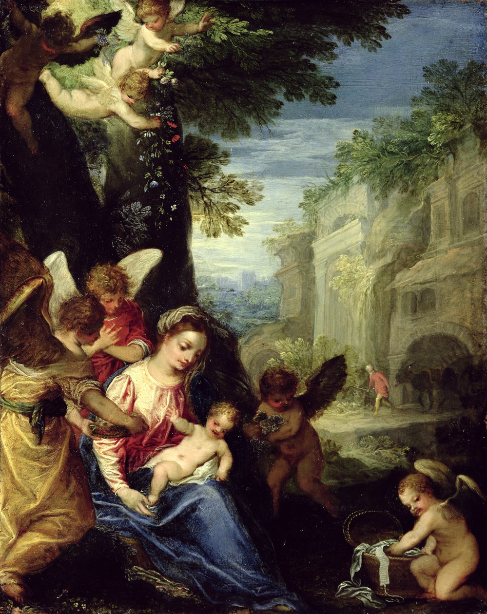 Odpoczynek podczas ucieczki do Egiptu, 1597 (olej na miedzi) autorstwa Hans I or Johann Rottenhammer
