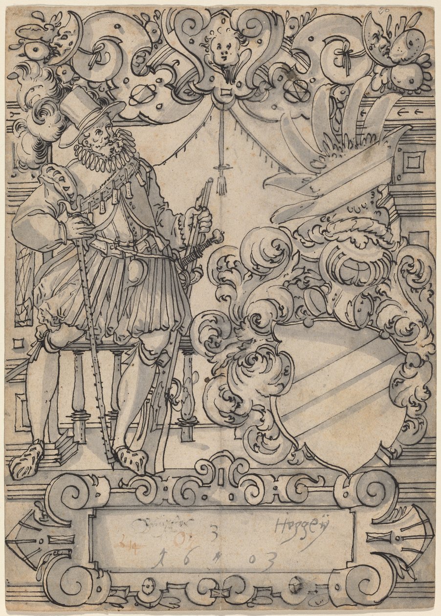 Dawca z herbem (Tarcza Towarzysz i Ukośna Tarcza Heraldyczna) autorstwa Hans Jegli II