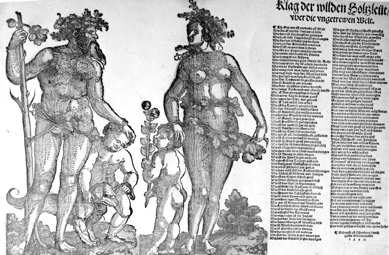 Broadside o wycofaniu się dzikich ludzi z lasu ze świata, który zmienił się na gorsze, drzeworyt Hansa Guldenmunda, 1545 autorstwa Hans Leonard Schaufelein