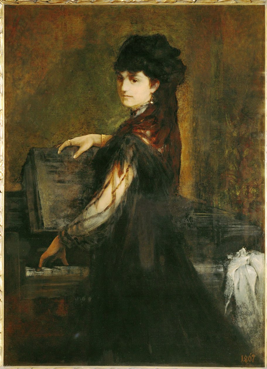 Amalie Makart, z domu Rothmayr, pierwsza żona artysty, przy fortepianie... (obraz na płótnie) autorstwa Hans Makart