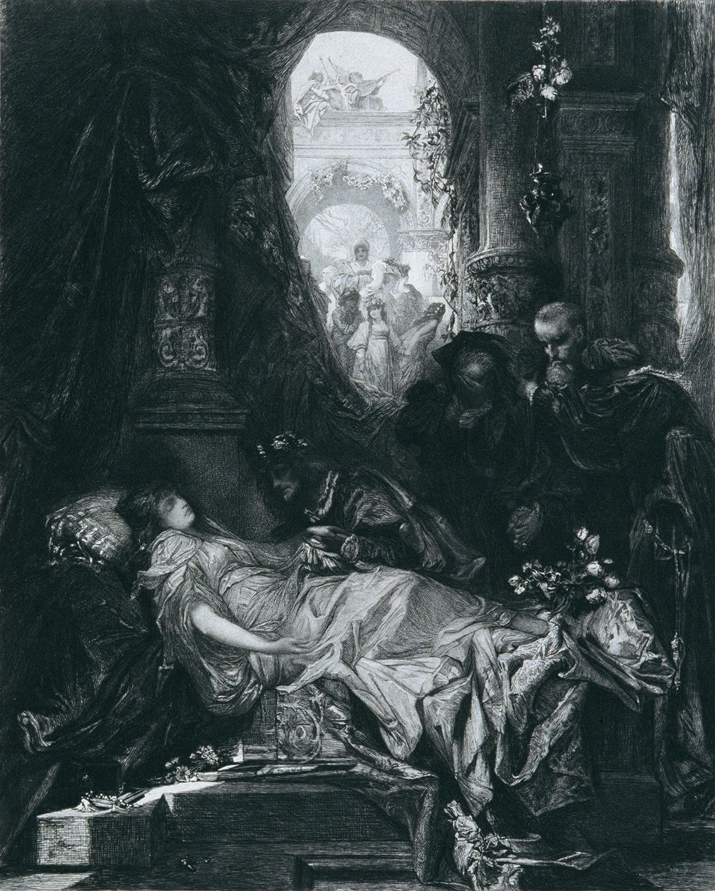 JULIA CAPULET, KTÓRA WYGLĄDAŁA NA MARTWĄ autorstwa Hans Makart