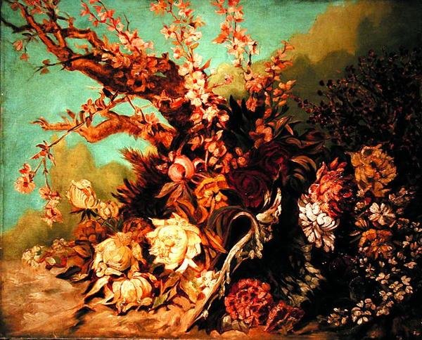 Kompozycja kwiatowa z gałązkami kwiatów i piwoniami, ok. 1884 (olej na płótnie) autorstwa Hans Makart
