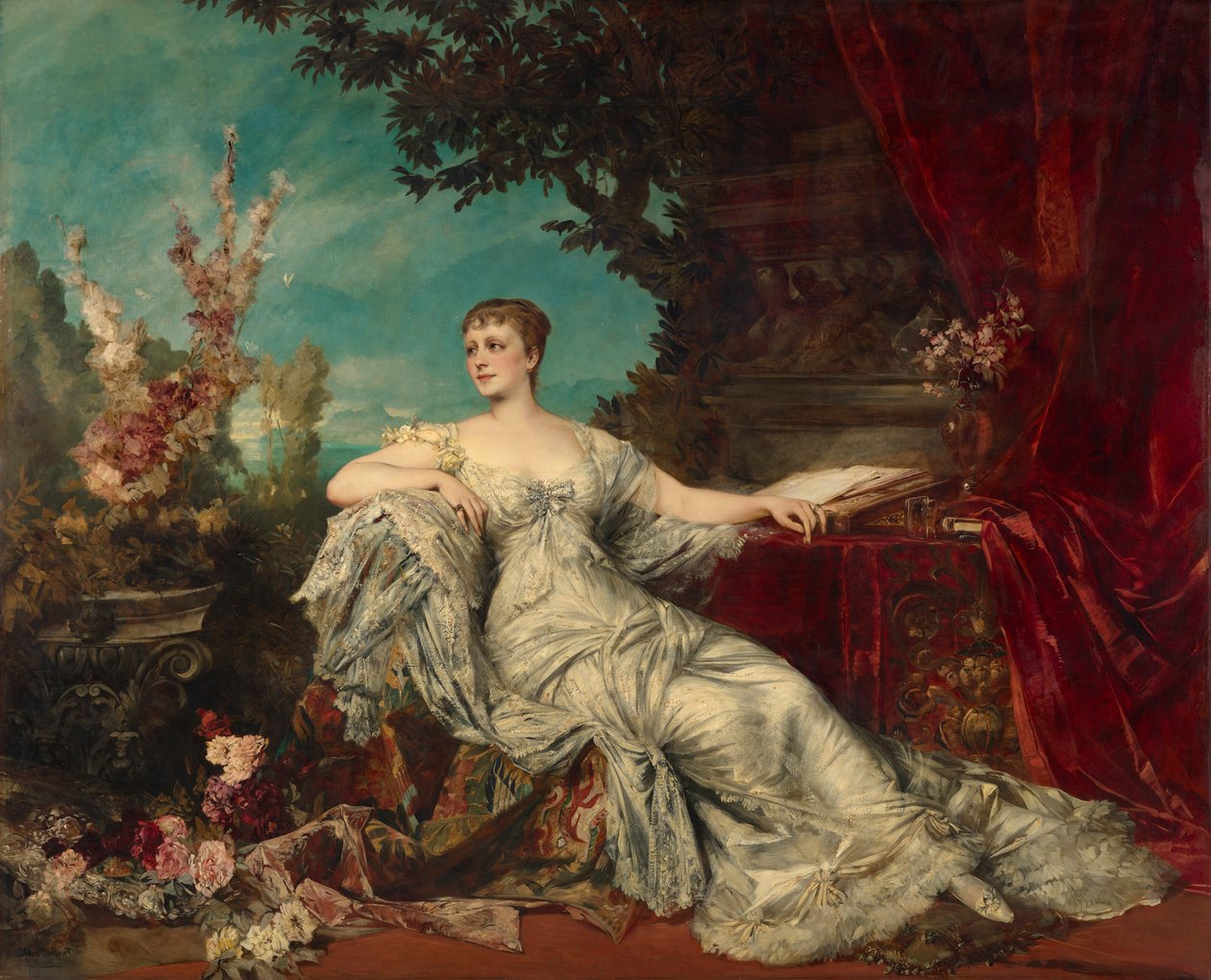 Portret siedzący hrabiny Gabrielle Louise Marie Duchâtel (1854-1889), żony francuskiego ambasadora w Wiedniu autorstwa Hans Makart