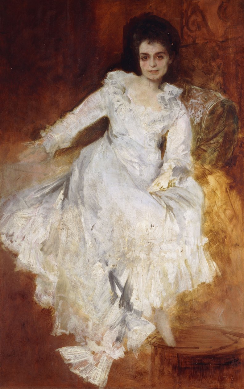 Portret damy w białej sukni leżącej na sofie, autorstwa Hans Makart