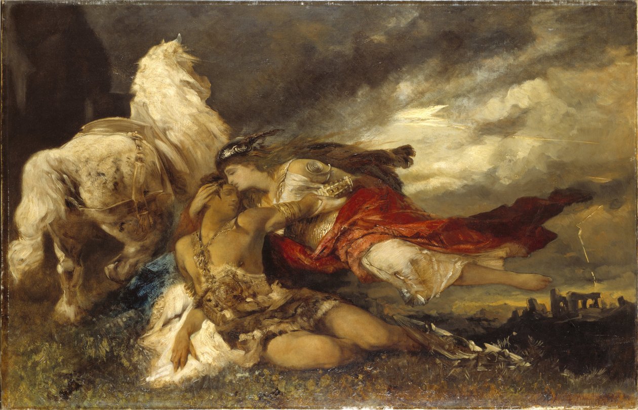Valkyrie et un heros mourant - Walkiria i umierający bohater, autorstwa Makarta Hansa (1840-1884). Olej na płótnie. Wymiar : 130x200 cm. Muzeum Narodowe w Sztokholmie autorstwa Hans Makart