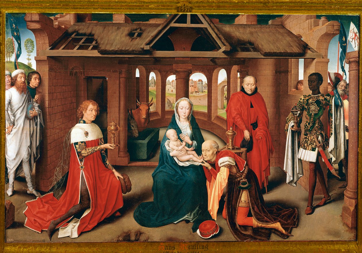Adoracja Trzech Króli. Centralny panel tryptyku Prado (olej na drewnie, ok.1470) autorstwa Hans Memling