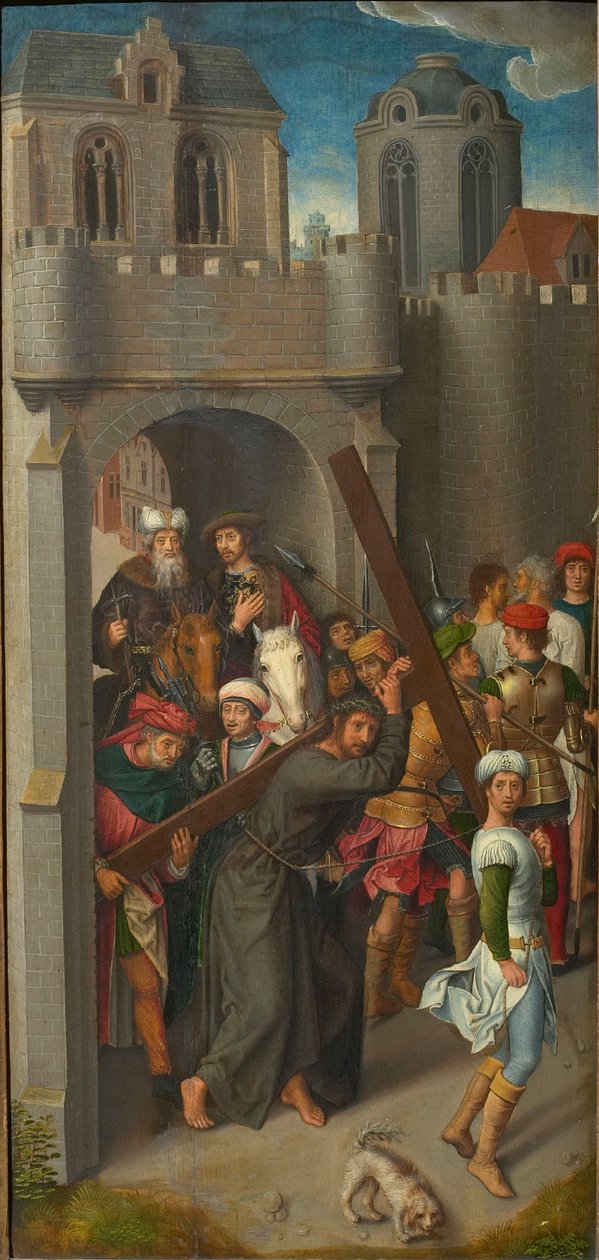 Tryptyk Kalwarii: Chrystus niosący krzyż, lewe skrzydło, lata 80. XIX wieku. autorstwa Hans Memling