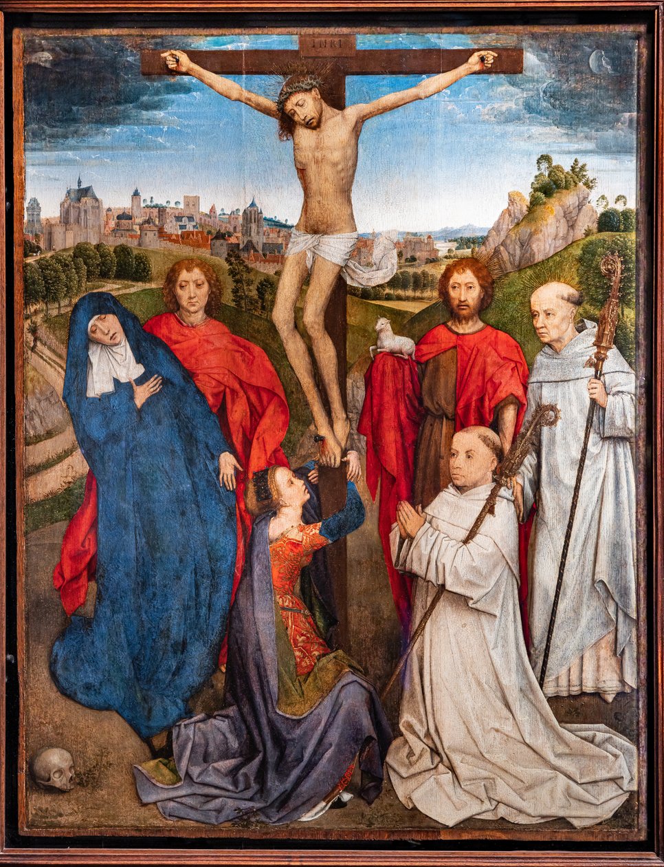 Ukrzyżowany Chrystus z Dziewicą, św. Janem Chrzcicielem i Ewangelistą, Marią Magdaleną i dwoma opatami cysterskimi autorstwa Hans Memling