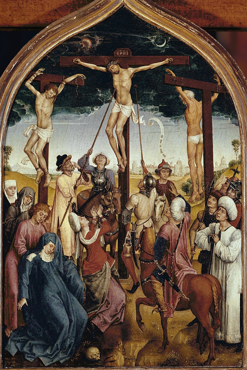 Ukrzyżowanie, prawa część dyptyku Joanny de France (Ukrzyżowanie, z dyptyku Joanny Francuskiej) - Obraz Hansa Memlinga (1435/40-1494), olej na desce, 52x36 cm. Chantilly, Musee Conde. autorstwa Hans Memling