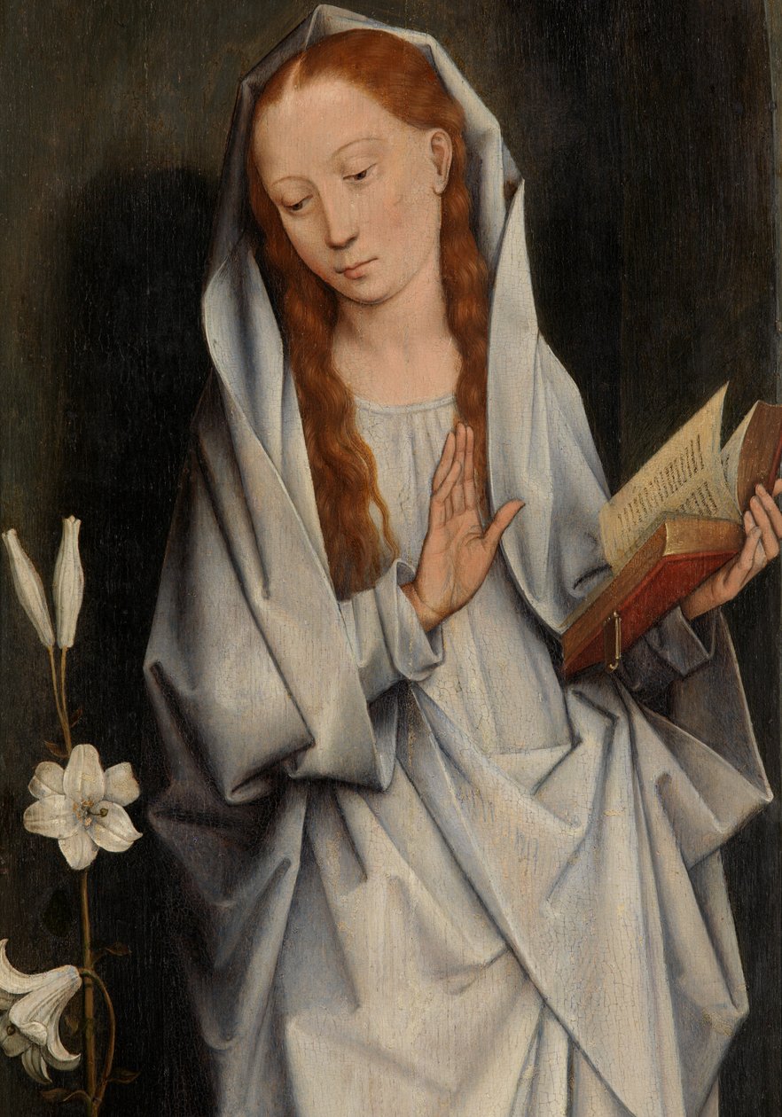 Fragment Matki Boskiej z rewersu pary skrzydeł przedstawiający Zwiastowanie (olej na desce) autorstwa Hans Memling