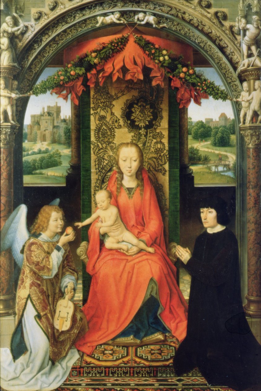 Madonna z Dzieciątkiem z Darczyńcami i Aniołem, panel środkowy tryptyku, 1485-90 (panel) autorstwa Hans Memling
