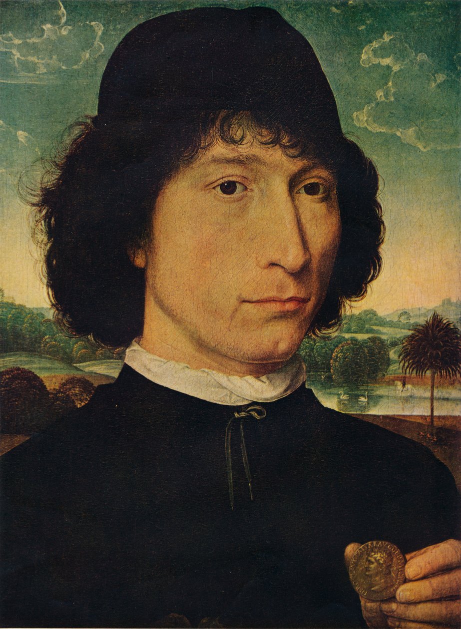 Portret mężczyzny trzymającego monetę cesarza Nerona, 1474 autorstwa Hans Memling
