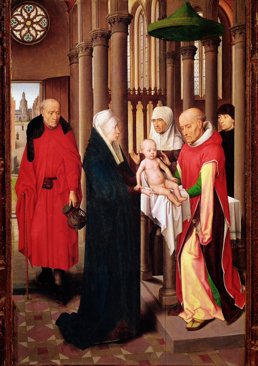 Prezentacja w świątyni. Prawy panel Tryptyku Adoracji Trzech Króli (Detrempe na drewnie, ok.1470) autorstwa Hans Memling