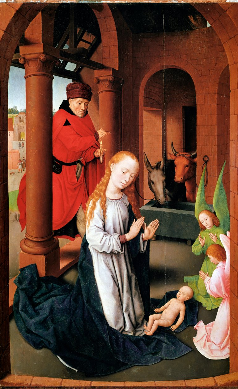 Narodzenie Chrystusa. Lewy panel Tryptyku adoracji (Detrempe na drewnie, ok.1470) autorstwa Hans Memling