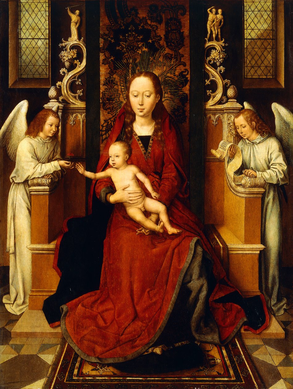 Dziewica z Dzieciątkiem na tronie z dwoma Aniołami, autorstwa Hans Memling