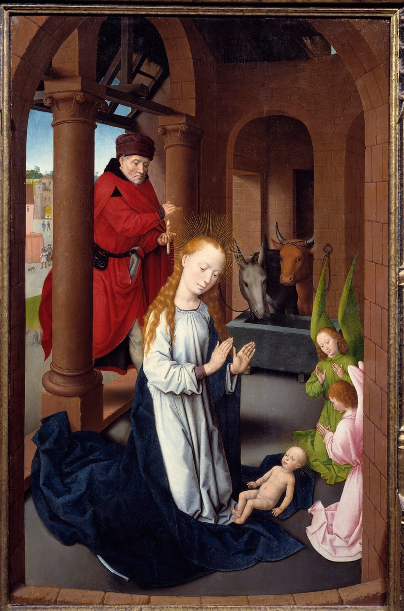 Tryptyk Adoracji Trzech Króli. Detal lewego panelu: La Nativite. Detrempe na drewnie Hansa Memlinga (1433-1494), ok. 1470. Madryt. Muzeum Prado autorstwa Hans Memling