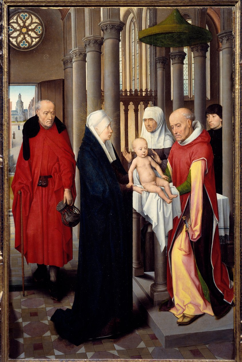 Tryptyk Adoracji Trzech Króli. Szczegół prawego panelu: Prezentacja w świątyni. Detrempe na drewnie Hansa Memlinga (1433-1494), ok. 1470. Madryt. Muzeum Prado autorstwa Hans Memling