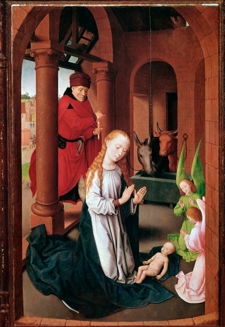 Tryptyk Prado (lub Pokłon Trzech Króli): Nativite Lewy panel (Malarstwo, ok.1470) autorstwa Hans Memling