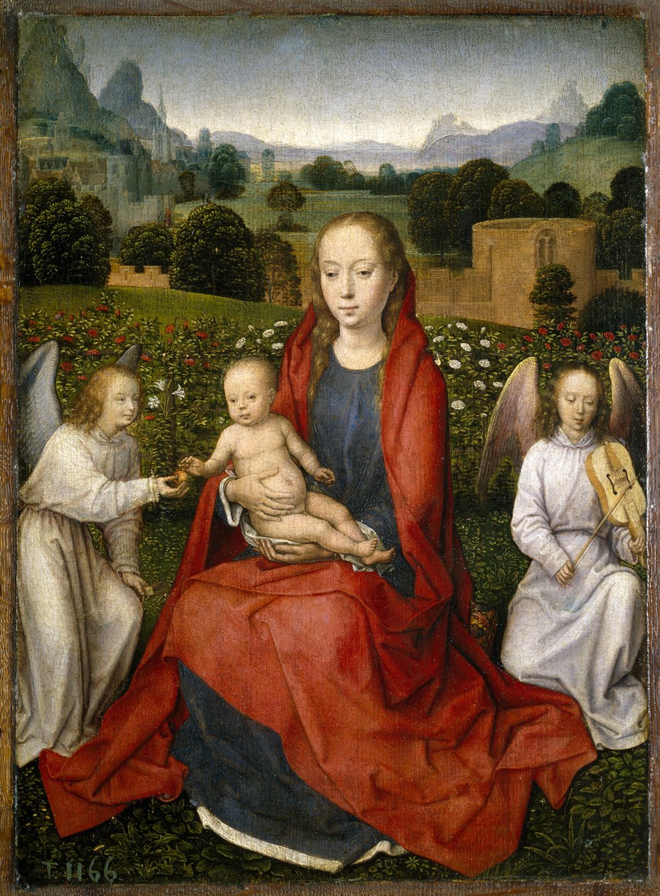 Dziewica i dziecko i dwa anioły, 1480-1490 autorstwa Hans Memling