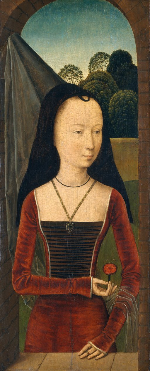 Młoda kobieta z różem, ca. 1485-90. autorstwa Hans Memling