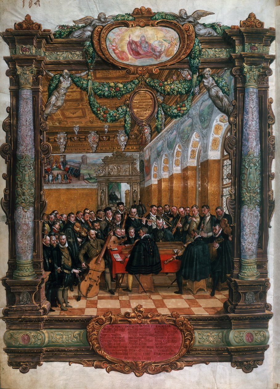 Orlando di Lasso (1532-1594), u dołu po lewej, w koncercie dla księcia Albrechta V Bawarii na dworze w Monachium autorstwa Hans Mielich or Muelich