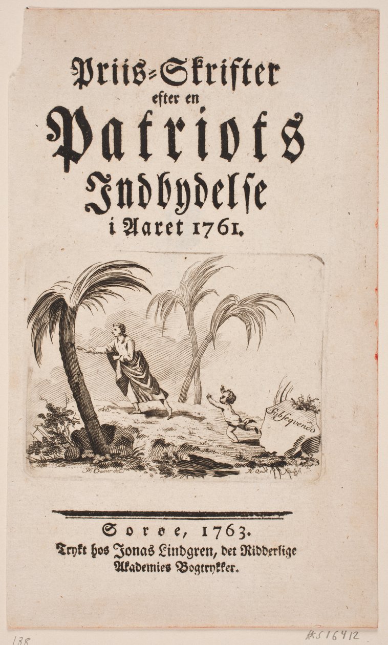 Strona tytułowa z winietą „Nagroda-Skryfter za zaproszeniem patrioty w roku 1761” autorstwa Hans Quist