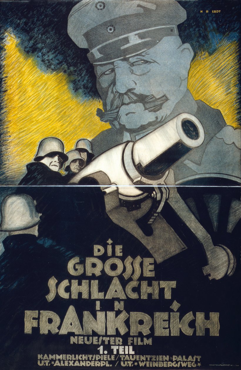 Plakat do filmu z I wojny światowej „Die Grosse Schlacht in Frankreich” Część I (Wielka bitwa we Francji): niemieccy artylerzyści strzelają do moździerza. Feldmarszałek Hindenburg góruje w tle. Hans Rudi Erdt (1883-1918) niemiecki artysta autorstwa Hans Rudi Erdt