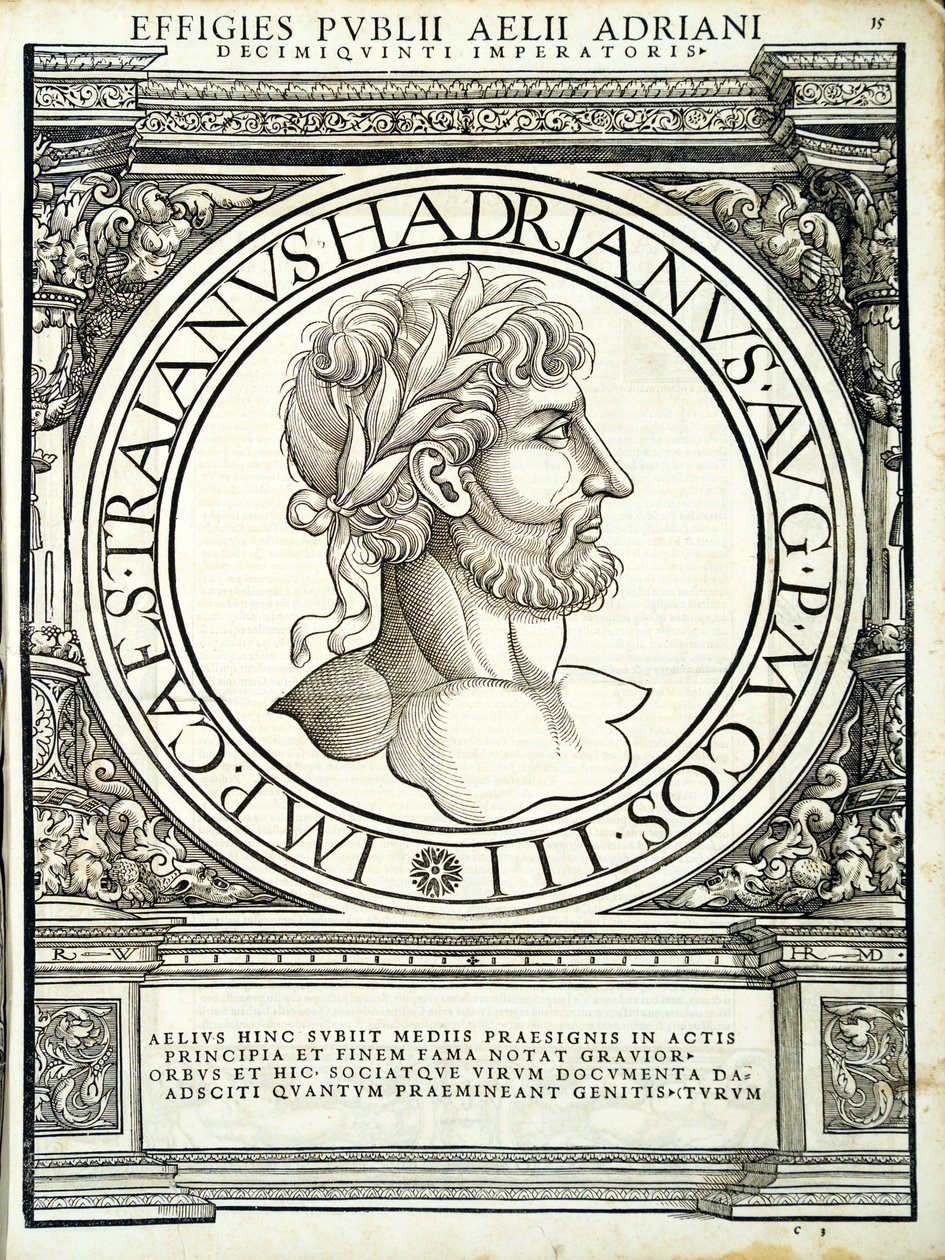Aelius Hadrianus, ilustracja z Imperatorum romanorum omnium orientalium et occidentalium verissimae imagines ex antiquis numismatis, drzeworyt Rudolpha Wyssenbacha, wydrukowany przez Andreasa Gesnera, Zuri autorstwa Hans Rudolf Manuel Deutsch