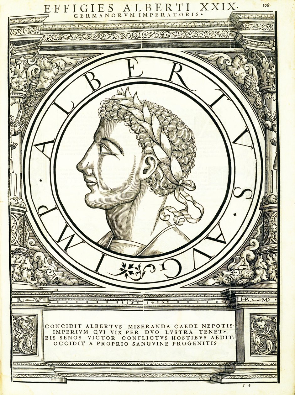 Albert I, ilustracja z „Cesarzy rzymskich całego Wschodu i Zachodu”, drzeworyt Rudolpha Wyssenbacha, druk Andreas Gesner, Zurych autorstwa Hans Rudolf Manuel Deutsch