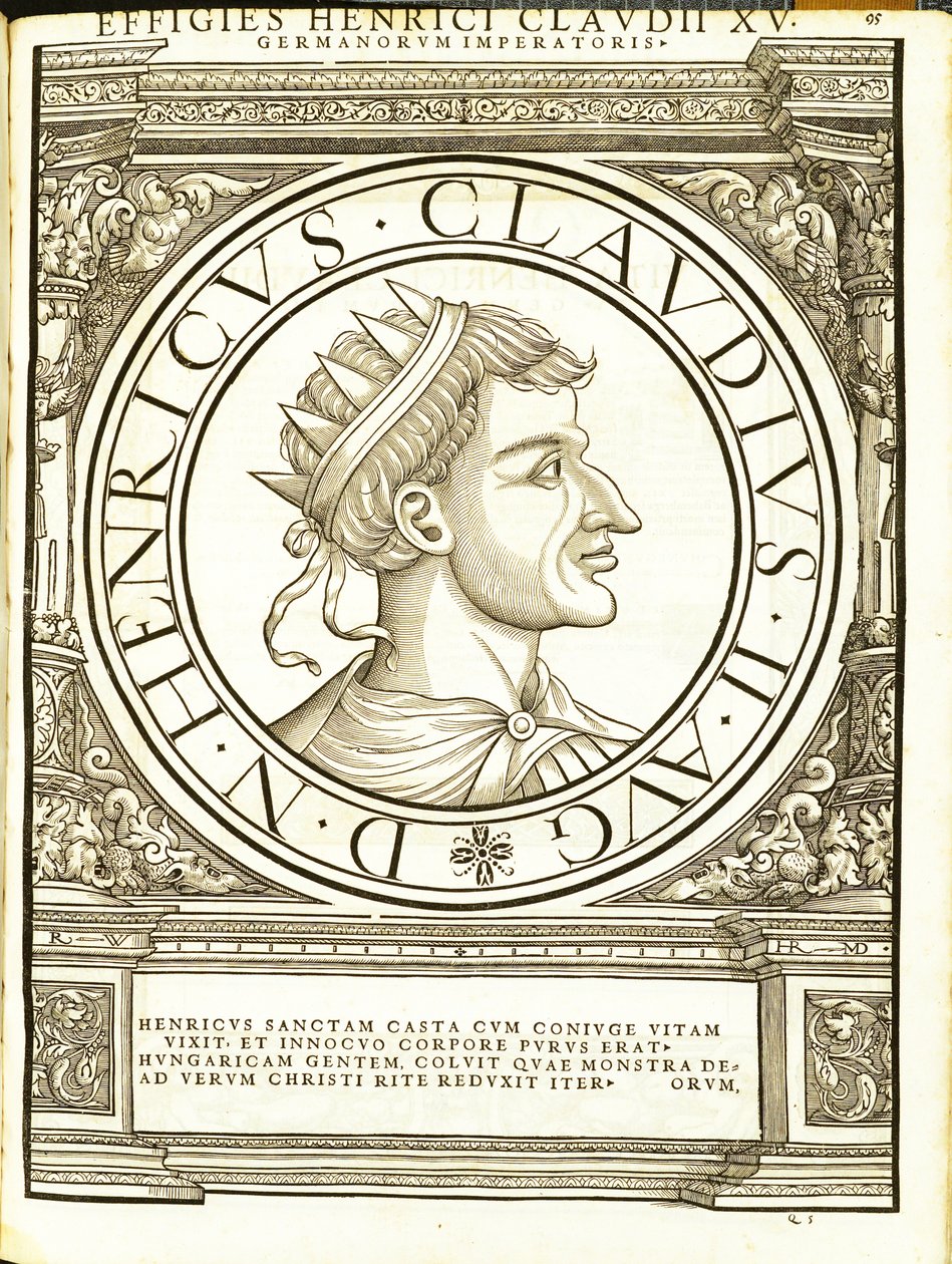 Henricus II Claudus, ilustracja z Imperatorum romanorum omnium orientalium et occidentalium verissimae imagines ex antiquis numismatis, drzeworyt Rudolpha Wyssenbacha, wydrukowany przez Andreasa Gesnera, Z autorstwa Hans Rudolf Manuel Deutsch